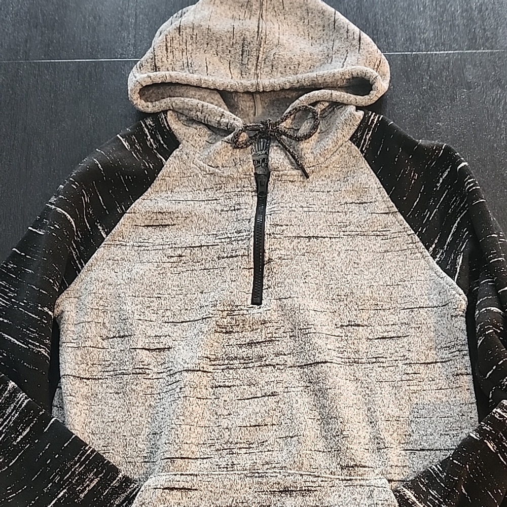 Gray and Black Zip Up Sweater with Hood and Quarter Zip